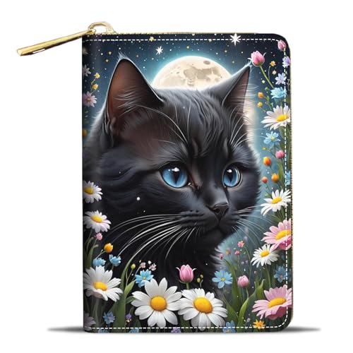 JDHJFBFJNP Kreditkartenetui Geldbörsen für Damen, kleine RFID-Geldbörse, schlankes Leder-Kartenetui mit Reißverschluss, Wolf, Schwarze Katze unter dem Mond, Modisch von JDHJFBFJNP