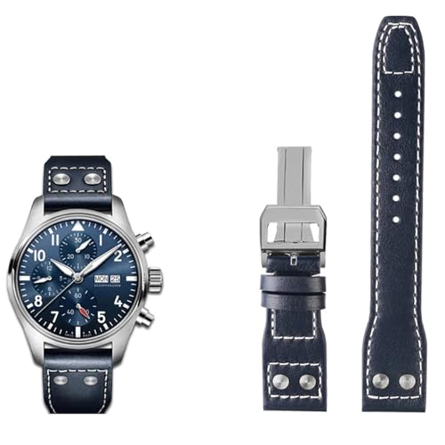 JDIME 20 21 22mm Echtleder Nieten Armband Passend für IWC Big Pilot Spitfire Braun Schwarz Blau Rindsleder Uhrenarmband(Blue silver buckle,21mm) von JDIME