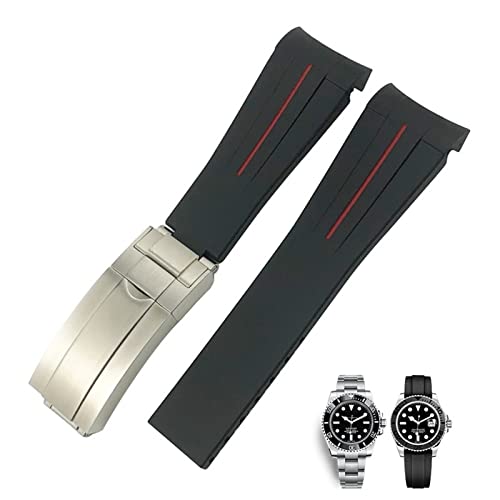 JDIME 20 mm 21 mm gebogenes Gummi-Silikon-Armband für Rolex Submariner 20 mm GMT Yacht-Master Daytona Deepsea Soft Strap(Black Red,20mm) von JDIME