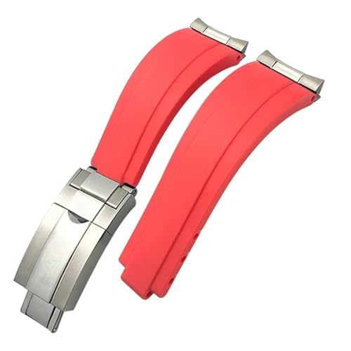 JDIME 20 mm Gummi-Armband mit kurzer Schnalle, passend für Rolex Daytona Submariner Role OYSTERFLEX Yacht Master, kleines Handgelenk-Silikonarmband(Red,Silver Buckle Link) von JDIME