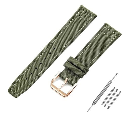JDIME 20mm 21mm 22mm Nylon Canvas Armband für IWC PILOT Portugal PORTOFINO Stoff Uhrenarmband Faltschließe Rindsleder Gürtel(Army Green-rose gold,22mm) von JDIME