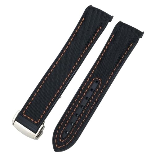 JDIME 21 mm 22 mm gebogenes Ende, blau-roter Stoff, Nylon-Gummi-Uhrenarmband, 19 mm 20 mm, passend für Omega Seamaster 300 Planet Ocean AT150 Uhrenarmband(Black nylon orange-01,22mm) von JDIME