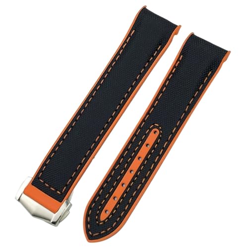 JDIME 21 mm 22 mm gebogenes Ende, blau-roter Stoff, Nylon-Gummi-Uhrenarmband, 19 mm 20 mm, passend für Omega Seamaster 300 Planet Ocean AT150 Uhrenarmband(Black nylon orange 1,22mm) von JDIME
