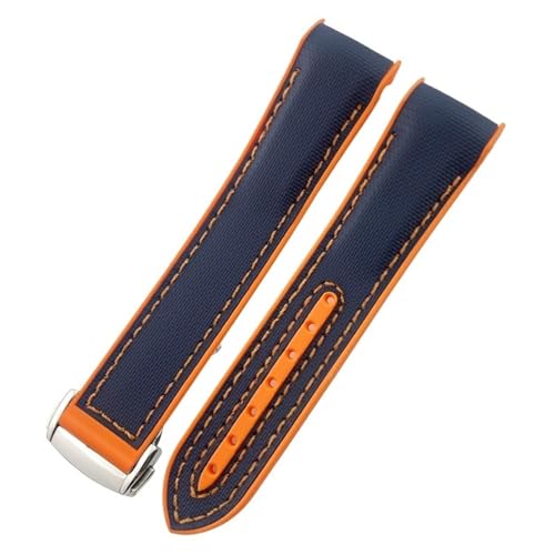 JDIME 21 mm 22 mm gebogenes Ende, blau-roter Stoff, hochdichtes Nylon-Gummi-Uhrenarmband, 19 mm, 20 mm, passend für Omega Seamaster 300 Planet Ocean AT150 Uhrenarmband(Blue nylon orange,22mm) von JDIME
