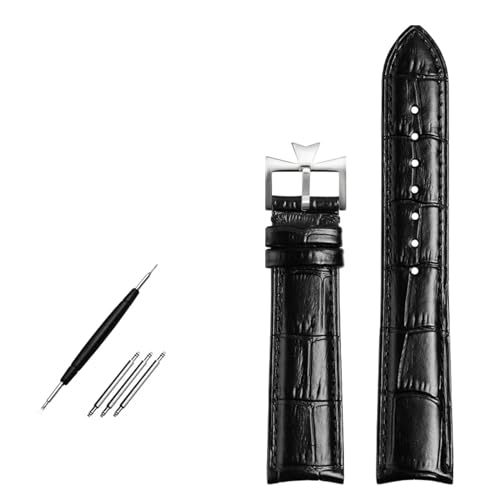 JDIME Armband aus echtem Leder mit gebogenem Ende. Blaues Rindsleder-Uhrenarmband für VC-Uhrenarmband 19 mm, 20 m, 21 mm, 22 mm(Black silver buckle,22mm) von JDIME