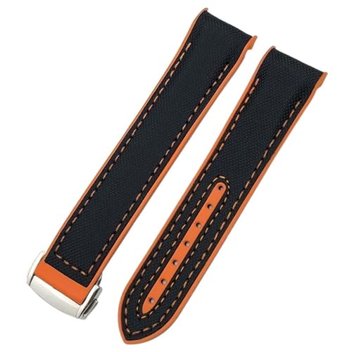 JDIME Für Omega Seamaster 300 Planet Ocean AT150 Uhrenarmband 21 mm 22 mm, gebogenes Ende, blau-roter Stoff, hochdichtes Nylon-Gummi-Armband, 19 mm 20 mm(Black nylon orange,21mm) von JDIME