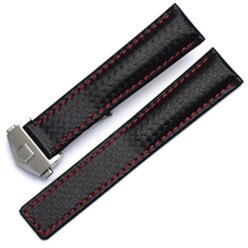 JDIME Für TAG Heuer Armband Carbon Fiber Texture Rindsleder unten SCHWARZ ROT Armband 20mm 22mm mit Faltschließe(Black red silver,20mm) von JDIME