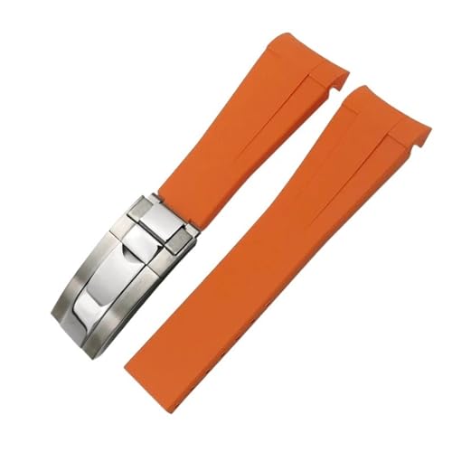 JDIME Gummi-Uhrenarmband mit gebogenem Ende, 20 mm, 21 mm, 22 mm, für Rolex Submariner GMT Daytona Datejust Explorer 2, Silikon-Uhrenarmband(Orange glossy silver,21mm) von JDIME