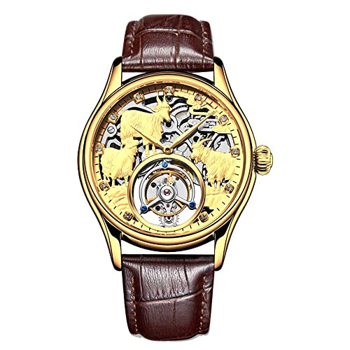 JDLERMY Echte fliegende Tourbillon mechanische Handaufzug Vintage Uhr Herren Skelett Diamant Zifferblatt Armbanduhr Saphir doppelseitig hohl Uhr Mann Chinesisches Sternzeichen Schafmuster Bedeutung von JDLERMY