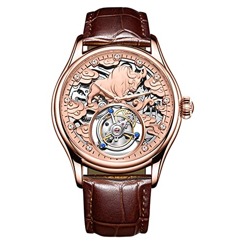 JDLERMY Flying Tourbillon Mechanische Handaufzug Vintage Uhr Herren Skelett Diamant Zifferblatt Armbanduhr Saphir Doppelseitig Hohl Uhr Mann Chinesisches Sternzeichen Rinder Muster Bedeutung Wohlstand von JDLERMY