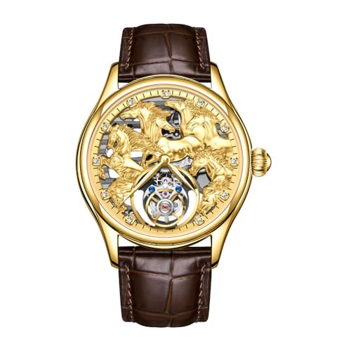 JDLERMY Flying Tourbillon Mechanische Handaufzugsuhr Herren Skelett Diamant Zifferblatt Armbanduhr Saphir Doppelseitig Hohl Uhr Chinesisches Sternzeichen Pferde Muster Bedeutung Erfolg Helle Zukunft von JDLERMY