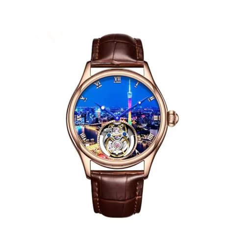 JDLERMY Herren Flying Tourbillon Skelett Chinesische Städte Muster Zifferblatt Mechanische Hand Wind Uhr Saphir Business Doppelseitig Hohl Wasserdicht Uhr Leuchtend Stahlgehäuse Armbanduhr, Rotbraunes von JDLERMY
