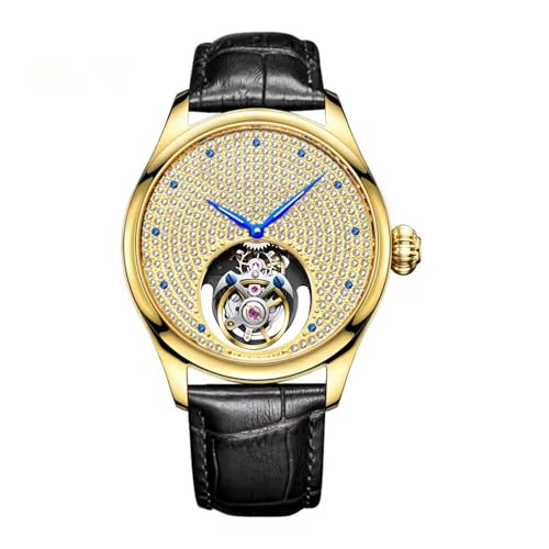 JDLERMY Herren Tourbillon Skelett Diamant Zifferblatt Mechanische Handaufzug Armbanduhr Saphirglas Business Doppelseitig hohl Wasserdicht Uhr Mann Leuchtende Stahl Leder Armbanduhr, Goldfarbenes und von JDLERMY