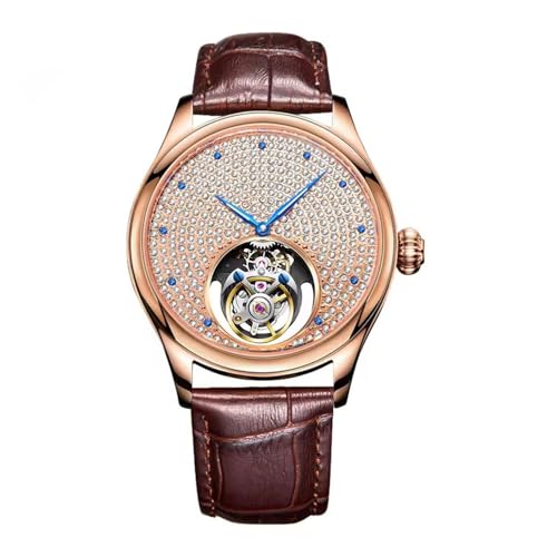 JDLERMY Herren Tourbillon Skelett Diamant Zifferblatt Mechanische Handaufzug Armbanduhr Saphirglas Business Doppelseitig hohl Wasserdicht Uhr Mann Leuchtende Stahl Leder Armbanduhr, Rotbraunes Leder von JDLERMY