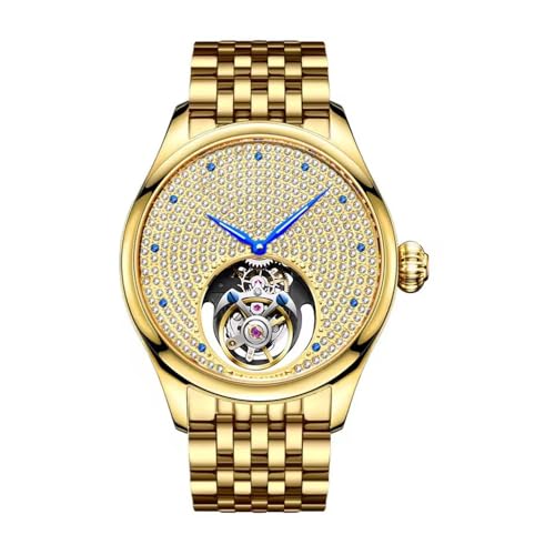 JDLERMY Herren Tourbillon Skelett Diamant Zifferblatt Mechanische Handaufzug Armbanduhr Saphirglas Business Doppelseitig hohl Wasserdicht Uhr Mann Leuchtende Stahl Leder Armbanduhr, goldfarben - Gold von JDLERMY