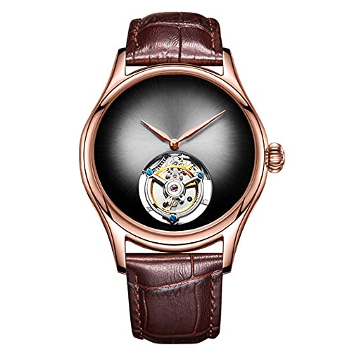 JDLERMY Herren Tourbillon Skelett Leopard Auge Muster Zifferblatt Mechanisch Manuell Aufzug Uhr Saphirglas Vintage Doppelseitig Hohl Wasserdicht Uhr Mann Leuchtende Leder Armbanduhr, Rose Grey Brown von JDLERMY