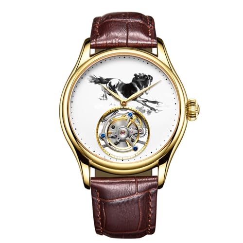 JDLERMY Tourbillon Mechanische Handaufzug Vintage Uhr Herren Skelett Zifferblatt Armbanduhr Saphir Doppelseitig Hohluhr Mann Chinesische Tinte Waschung Malerei Pferde Muster Bedeutung Erfolg Helle von JDLERMY