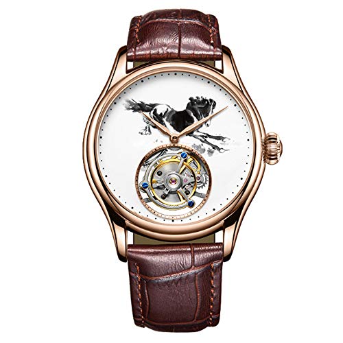 JDLERMY Tourbillon Mechanische Handaufzug Vintage Uhr Herren Skelett Zifferblatt Armbanduhr Saphir Doppelseitig Hohluhr Mann Chinesische Tinte Waschung Malerei Pferde Muster Bedeutung Erfolg Helle von JDLERMY