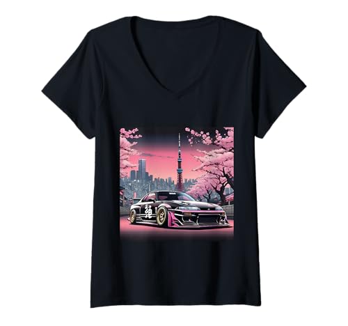 Damen JDM Legend Silvia Drift Rennwagen Tokyo Skyline bei Nacht als Geschenk T-Shirt mit V-Ausschnitt Damen JDM Legend Silvia Drift Rennwagen Tokyo Skyline bei Nacht als Geschenk T-Shirt mit V-Ausschnitt von JDM Japanese Automotive Tuning Car Art