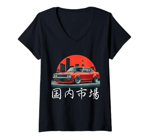 Damen Retro JDM Japanisches Drift Racing Car Tokyo Skyline Kanji Geschenk T-Shirt mit V-Ausschnitt Damen Retro JDM Japanisches Drift Racing Car Tokyo Skyline Kanji Geschenk T-Shirt mit V-Ausschnitt von JDM Japanese Automotive Tuning Car Art