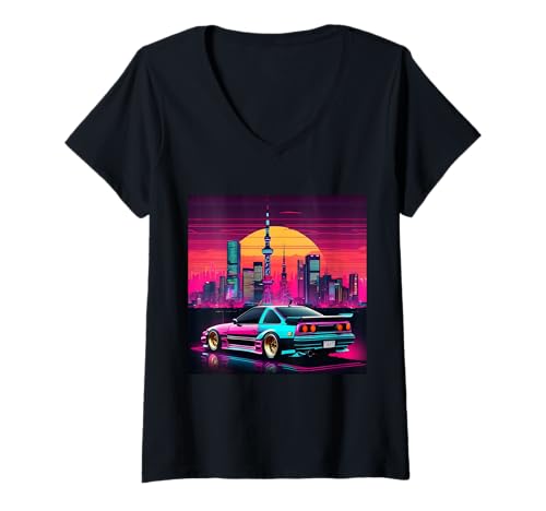 Damen Retro JDM Japanisches Drift Rennauto Tokio Skyline bei Nacht T-Shirt mit V-Ausschnitt Damen Retro JDM Japanisches Drift Rennauto Tokio Skyline bei Nacht T-Shirt mit V-Ausschnitt von JDM Japanese Automotive Tuning Car Art