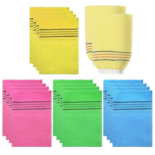 16 Stück Peeling-Handschuhe Und 2 Stück Einseitige Badetücher, Dekontaminations-Sauna-Badetücher, Abgestorbene Haut-Badetücher Entfernen, Zum Baden Und Fußbaden Geeignet. von JDNFKG
