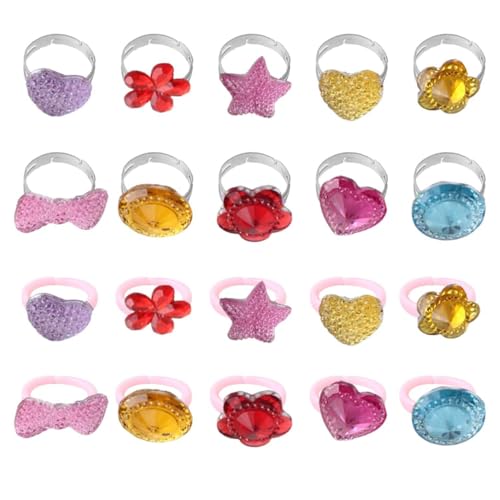JDNFKG 20 Stück Prinzessin Schmuckringe, 10 Stück Metallringe Und 10 Stück Harzringe, Verstellbare Kleine Mädchenschmuckringe, Edelsteinringe, Mädchen -Prinzessin -Party -Vorräte. von JDNFKG