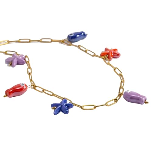 JDNH Marine Life Keramik Anhänger Halskette Allergie Resistent Edelstahl Kette Leichtes Design Ihr Handgefertigter Keramik Fisch Anhänger von JDNH