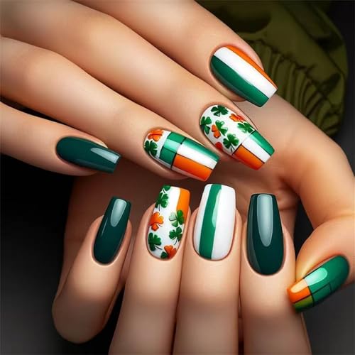 JDNH Patrick's Day Nägel zum Aufdrücken mit einzigartigem grünem Kleeblatt-Design, Urlaubsthema, zum Aufkleben auf Nägel für Frauen und Mädchen, 24 Stück von JDNH