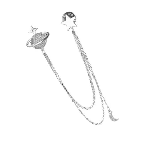 Modische Kristall-Brosche mit Mond-Planeten-Motiv, für Herren, Revers-Accessoire mit Planeten-Quasten, Kette und funkelnden Strasssteinen, Modeschmuck für Herren von JDNH