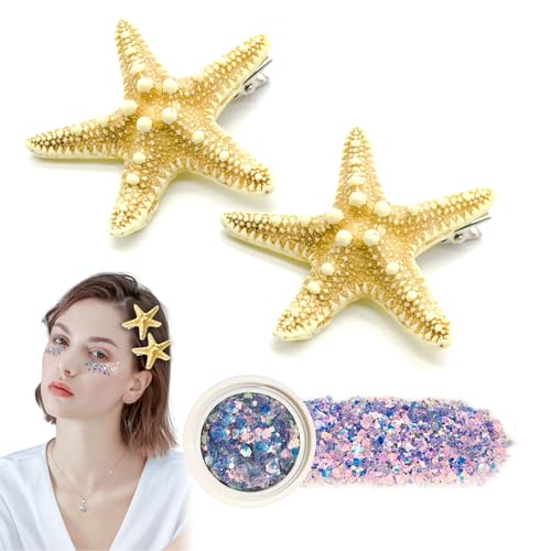Seestern-Haarspange und Gesichtsschmuck-Set, Meerjungfrauen-Haarschmuck für Damen, Erwachsenenkostüme für Damen, Kostümzubehör (Seestern-Haarspange 1) von JDRGJTH