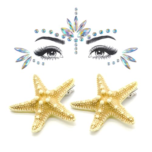 Seestern-Haarspange und Gesichtsschmuck-Set, Meerjungfrauen-Haarschmuck für Damen, Erwachsenenkostüme für Damen, Kostümzubehör (Seestern-Haarspange 2) von JDRGJTH