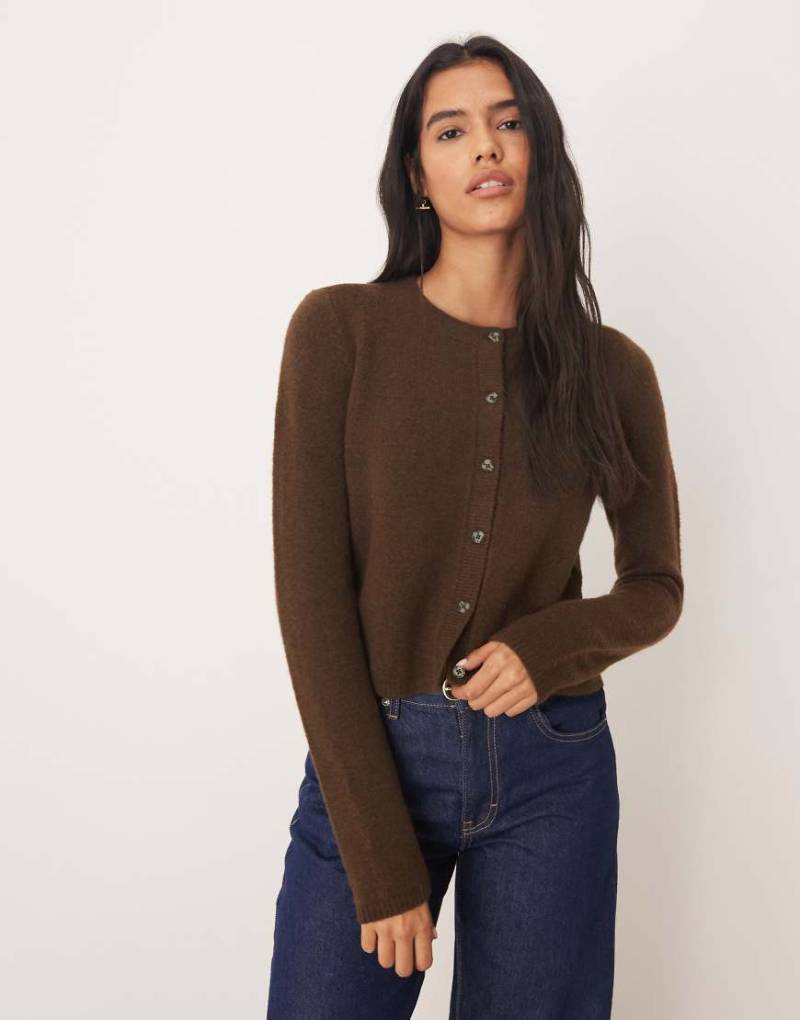 JDY - Cardigan in Dunkelbraun mit Wollanteil und Rundhalsausschnitt-Brown von JDY