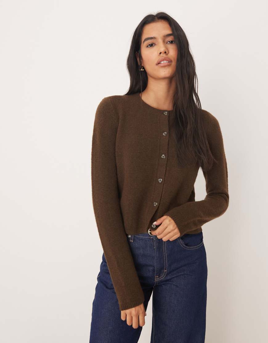 JDY - Cardigan in Dunkelbraun mit Wollanteil und Rundhalsausschnitt-Brown von JDY
