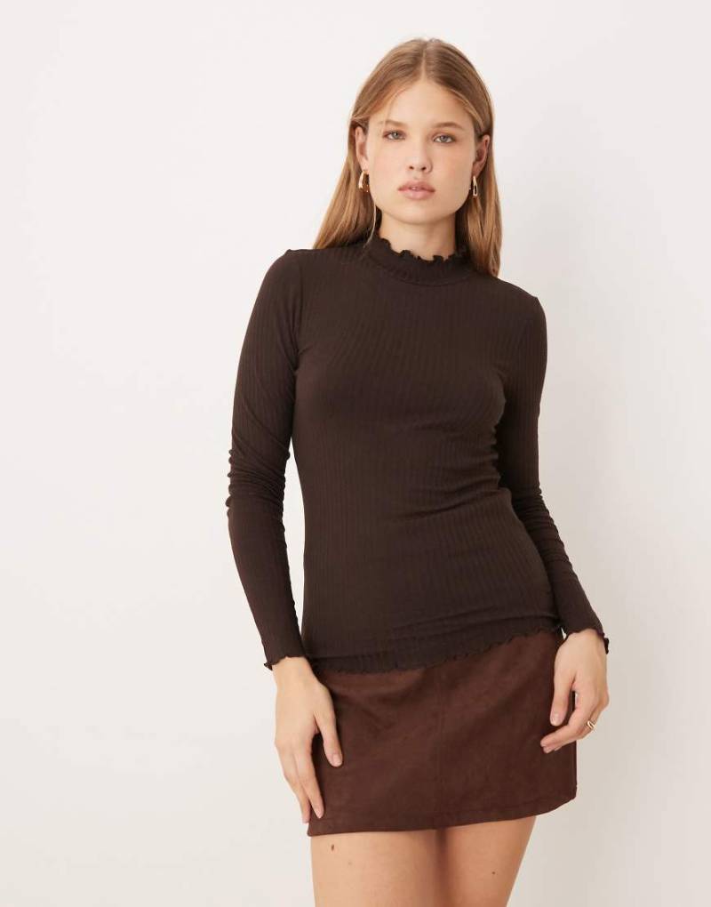 JDY - Langärmliges Oberteil in Dunkelbraun mit gekräuselten Kanten-Brown von JDY