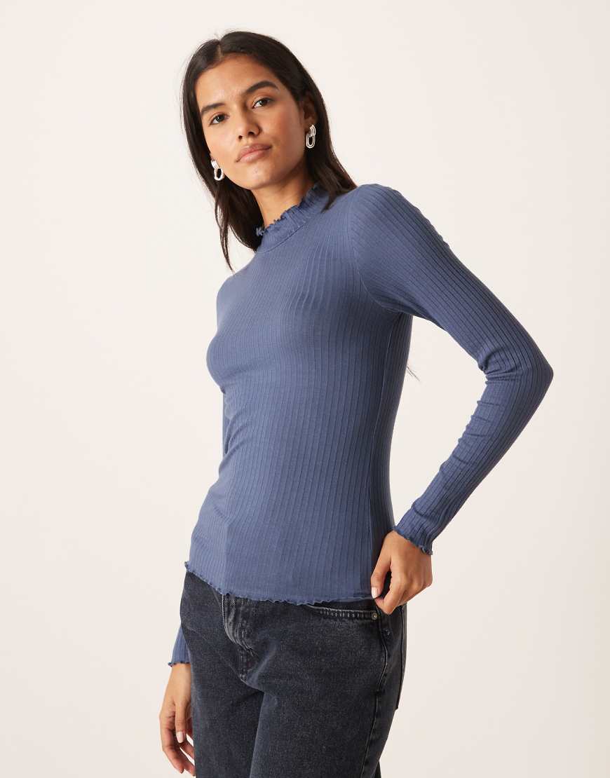 JDY - Langärmliges Oberteil in Vintage-Blau mit Rollsaum von JDY