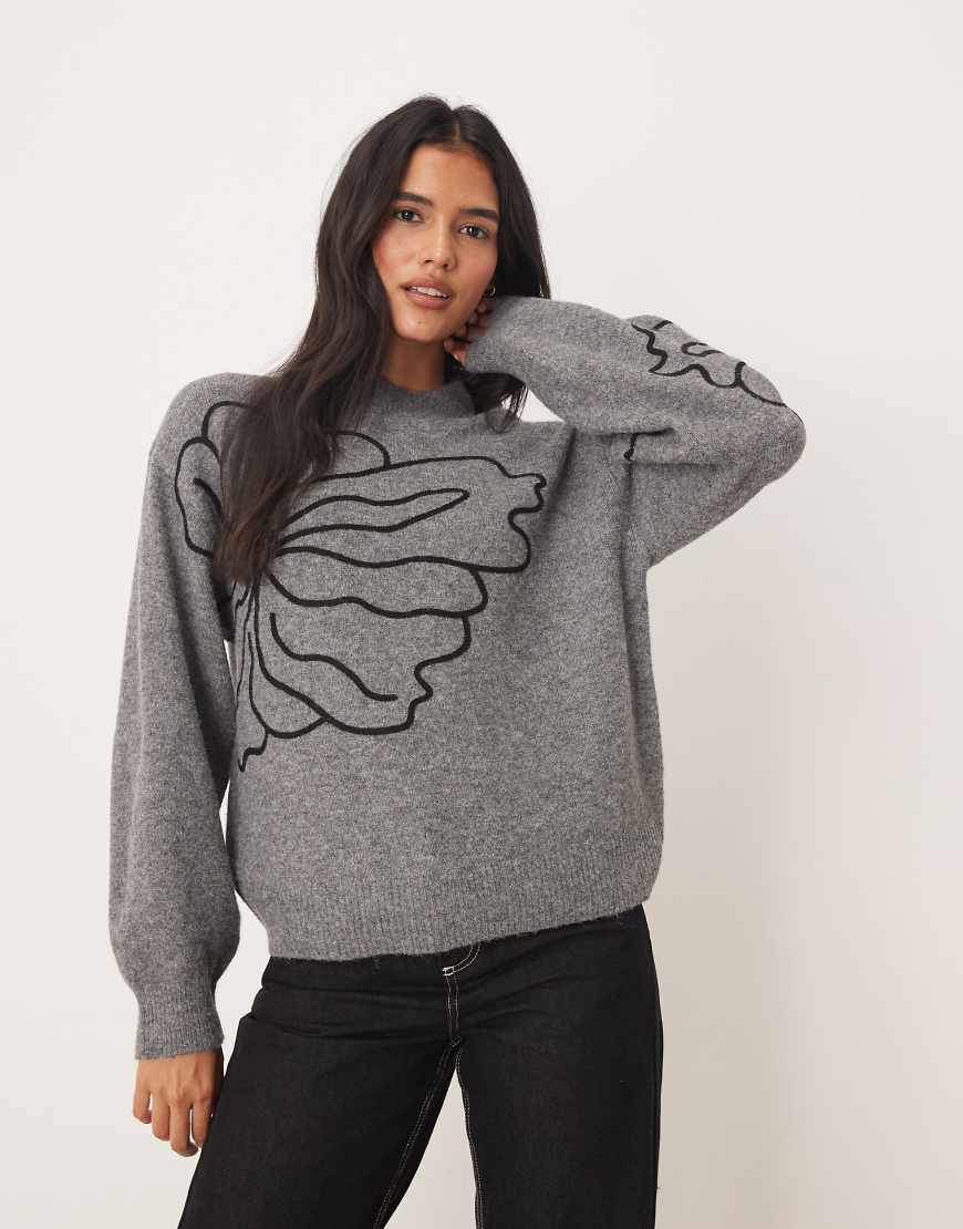 JDY - Pullover in Dunkelgrau mit Blumen-Stickereidetail von JDY