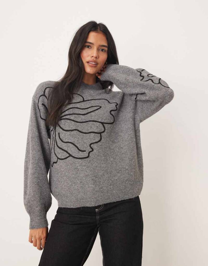 JDY - Pullover in Dunkelgrau mit Blumen-Stickereidetail von JDY