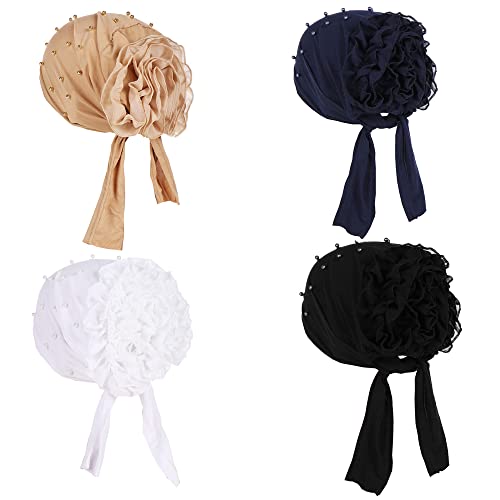 JDYaoYing 4 Stück Perlen Turban Kopftuch Schlafen Blumen Beanie Krebs Hut Chemo Kopfbedeckung Turban für Frauen, 4 Stück02 von JDYaoYing
