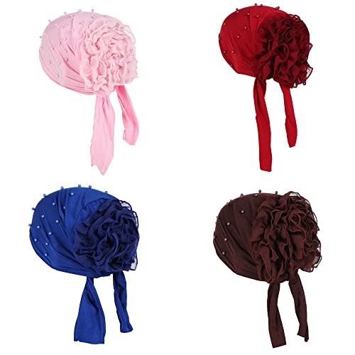 JDYaoYing 4 Stück Perlen Turban Kopftuch Schlafen Blumen Beanie Krebs Hut Chemo Kopfbedeckung Turban für Frauen, 4 Stück03 von JDYaoYing