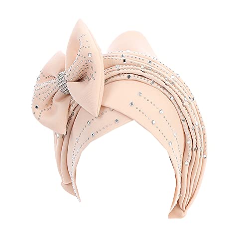JDYaoYing Damen Glänzende Perlen Turban Hut Kopf Wrap Cap mit großer Schleife vorgebundene Beanie Muslim Rüschen Cap, Beige von JDYaoYing