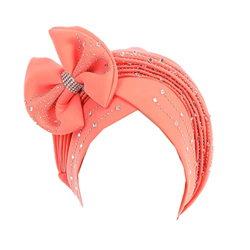 JDYaoYing Damen Glänzende Perlen Turban Hut Kopf Wrap Cap mit großer Schleife vorgebundene Beanie Muslim Rüschen Cap, Orange/Abendrot im Zickzackmuster (Sunset Chevron) von JDYaoYing