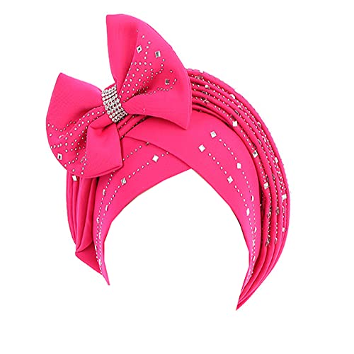 JDYaoYing Damen Glänzende Perlen Turban Hut Kopf Wrap Cap mit großer Schleife vorgebundene Beanie Muslim Rüschen Cap, Rose von JDYaoYing