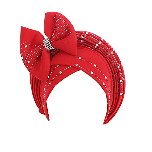 JDYaoYing Damen Glänzende Perlen Turban Hut Kopf Wrap Cap mit großer Schleife vorgebundene Beanie Muslim Rüschen Cap, Rot/Ausflug, einfarbig (Getaway Solids) von JDYaoYing