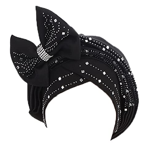 JDYaoYing Damen Glänzende Perlen Turban Hut Kopf Wrap Cap mit großer Schleife vorgebundene Beanie Muslim Rüschen Cap, Schwarz von JDYaoYing