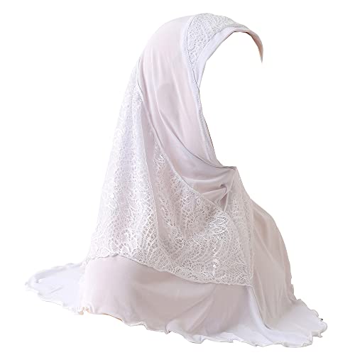 JDYaoYing Muslimischer Hijab-Kopfschal für Damen, Spitze, islamischer Turban-Schal, Schal, weiß, One size von JDYaoYing