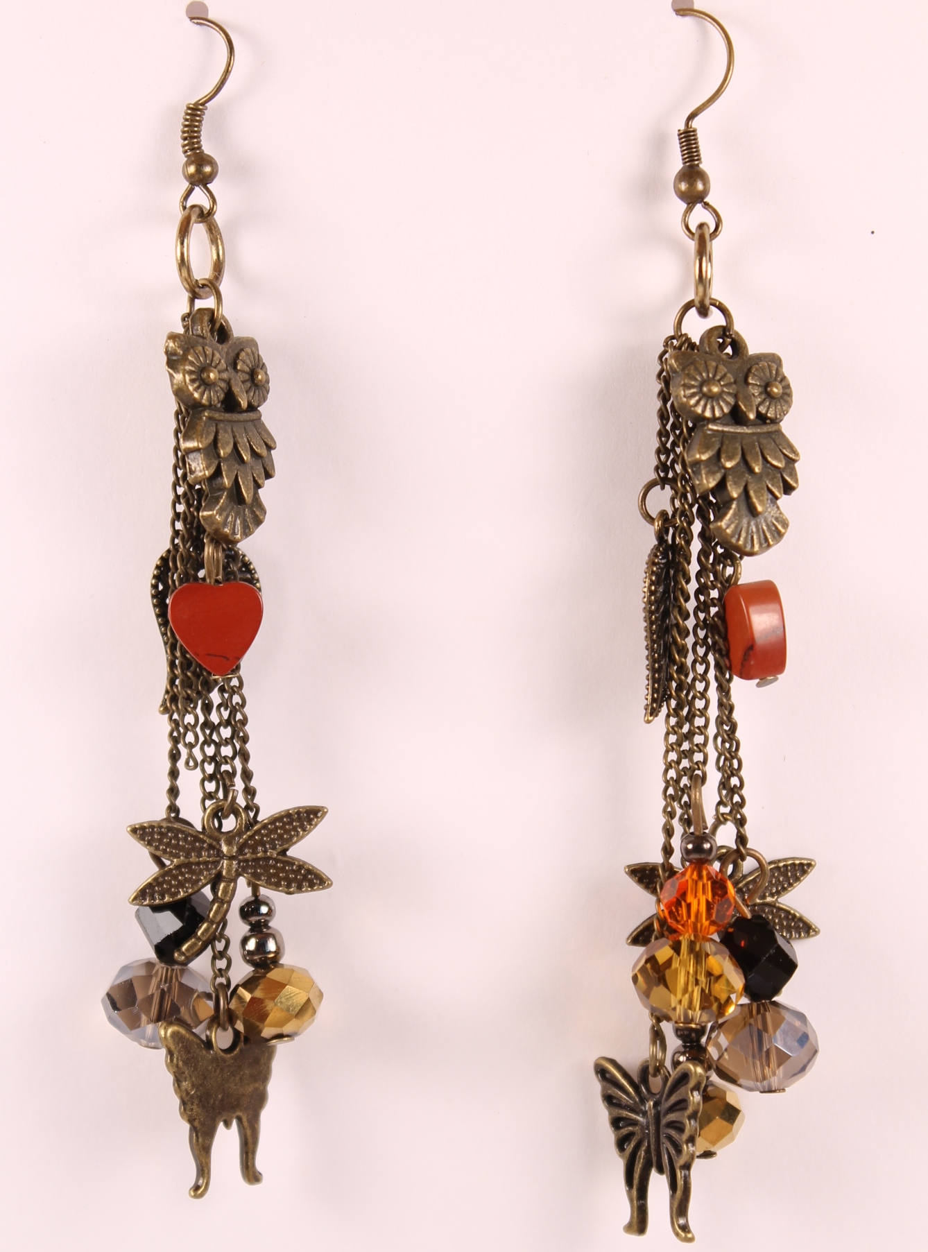 Eule, Libelle Und Schmetterling Baumeln Tropfen Antik Bronze Ohrringe. Steampunk Eule Mit Bernsteinfarbenem, Orangem, Goldenem Schwarzem Glaskristall von JDesignsShoppe