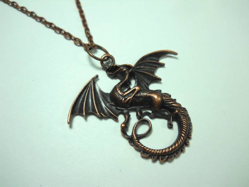 Feuerdrache Anhänger, Antike Kupferfarbe, Herren Halskette, Damen Kupferfarbene Kette, Kunstlederschnur von JDsFashionJewelry