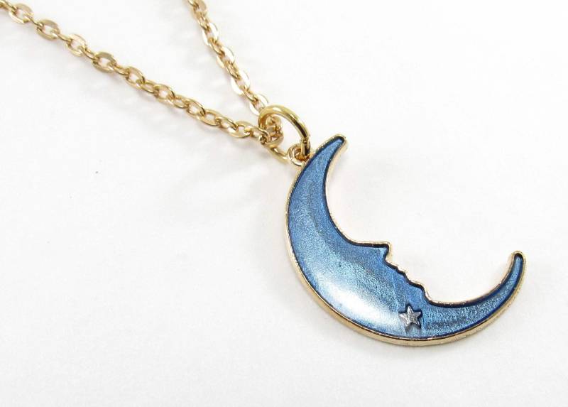 Halbmond Vergoldet Blauer Stern Emaille Glitter Anhänger, Natur Mond Schmuck, Herren Halskette, Damen Halskette von JDsFashionJewelry