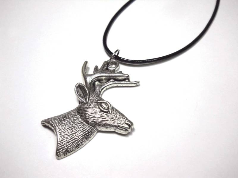 Hirschkopf Anhänger, Antik Silber Ton, Herren Halskette, Damen Schwarz/Braun Kunstleder Schnur Oder Wildleder Halskette von JDsFashionJewelry